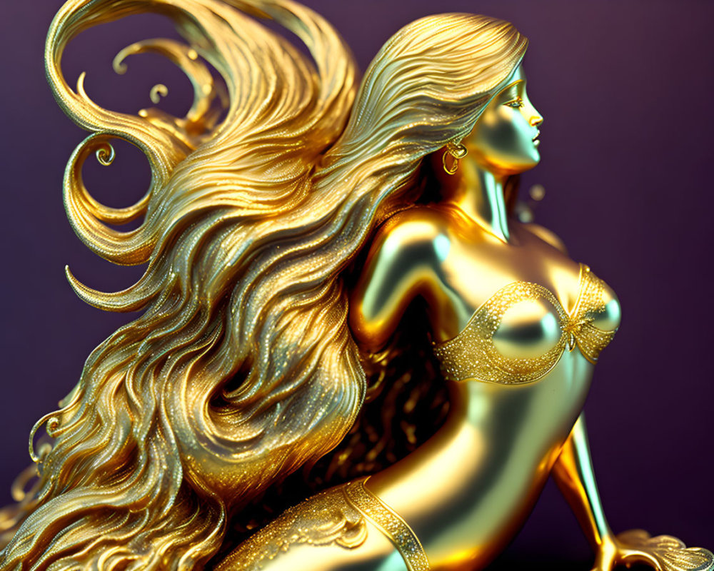 Golden statue of woman with flowing hair on purple background