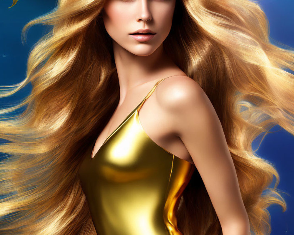 Blonde woman in gold dress with blue eyes on constellation background