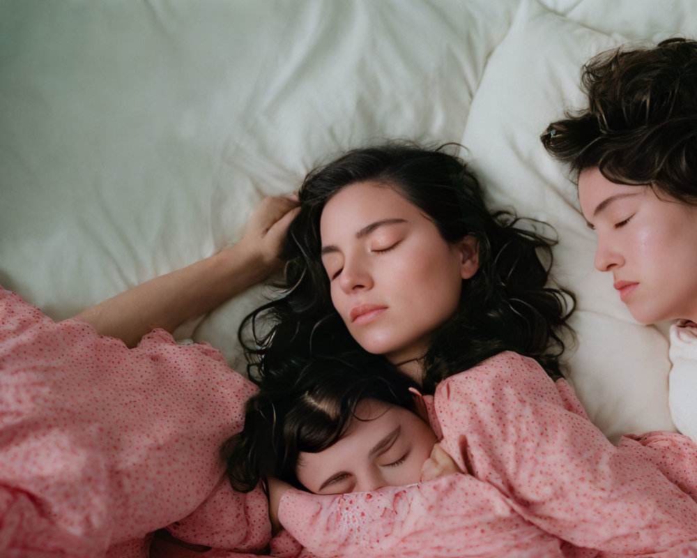 Three individuals peacefully resting together on green bedding: a serene and affectionate tableau