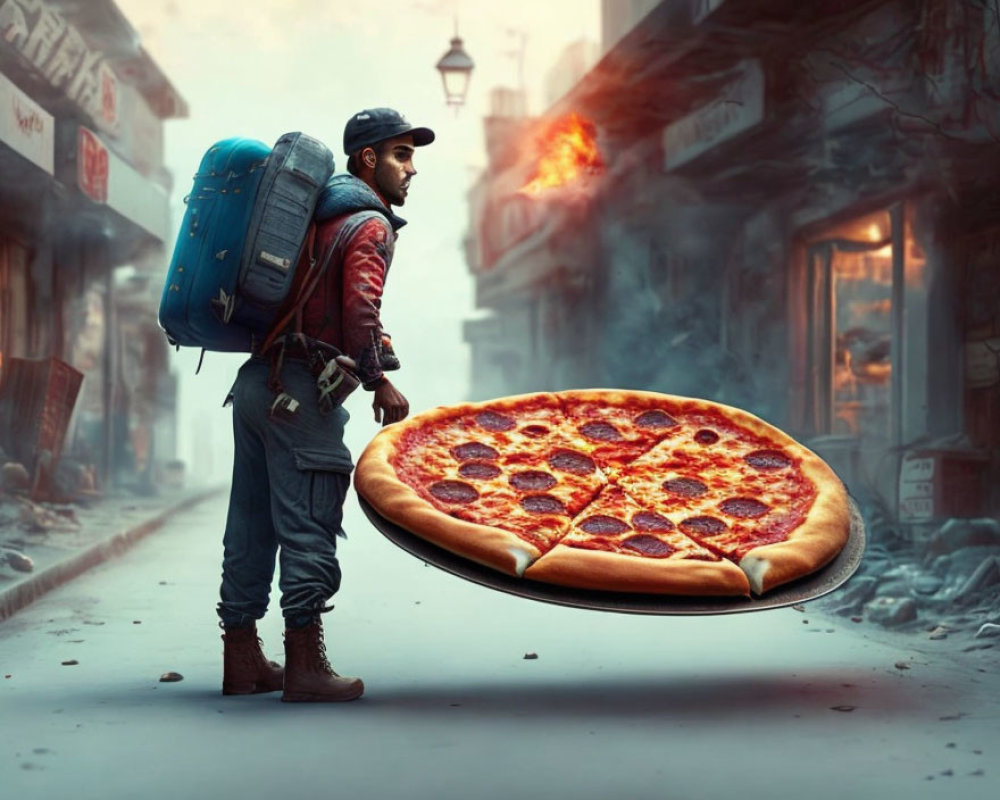 Man in misty alley holds giant pepperoni pizza slice like a shield