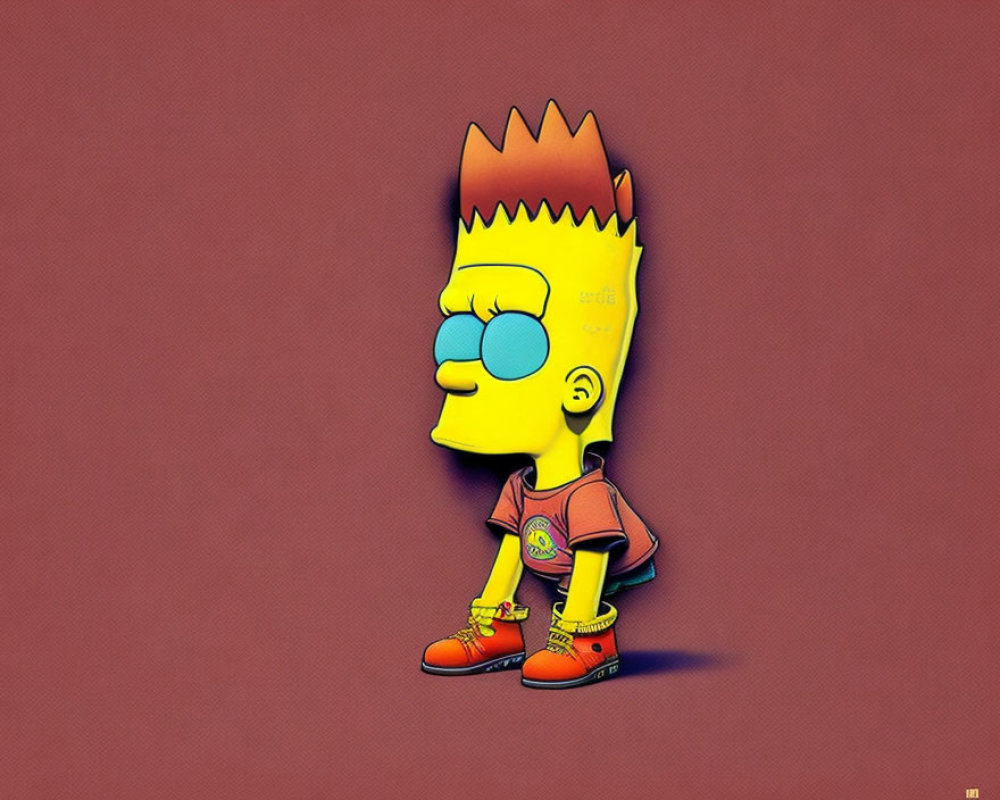 Stylized character with spiky hair in red top and blue shorts