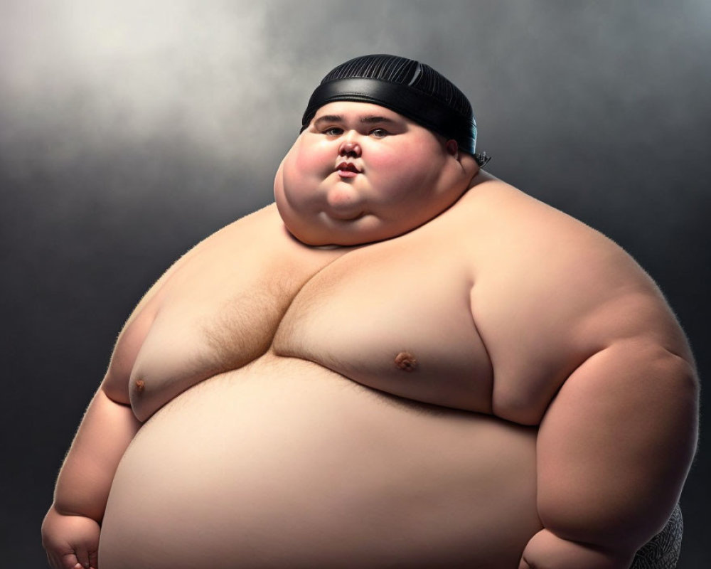 Digital artwork: Overweight boy with black headband on dark background
