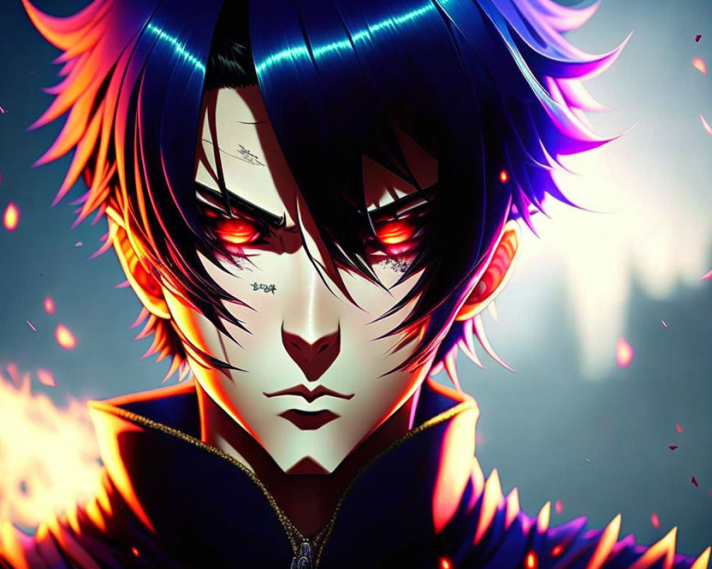 Anime character with red eyes, spiky blue hair, and embers in dark blue setting