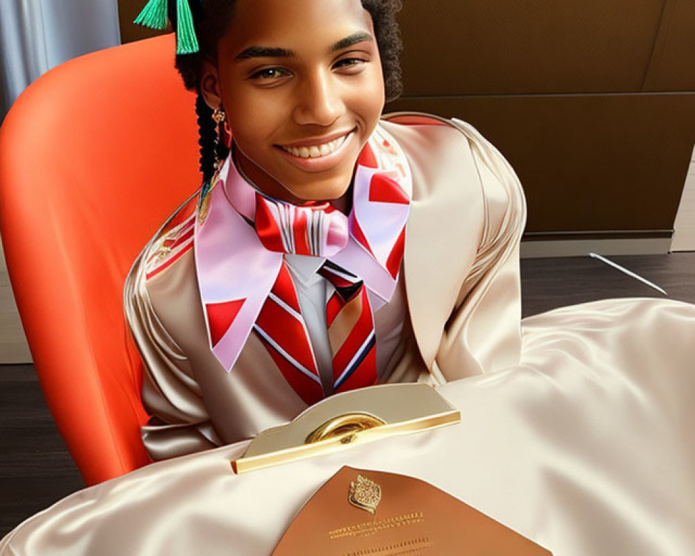 Smiling graduate in cap and gown with diploma on cream surface