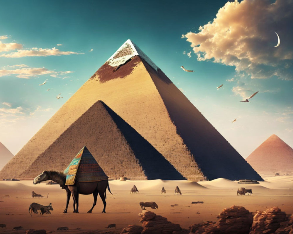 Majestic pyramid in serene desert landscape with camels and birds
