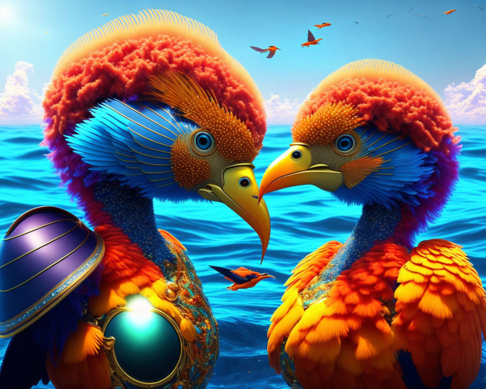 Colorful exotic birds and metallic sphere on blue ocean background.