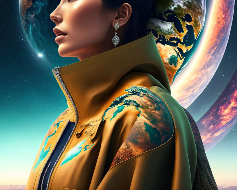 Futuristic woman in coat with celestial bodies and vibrant Earth background