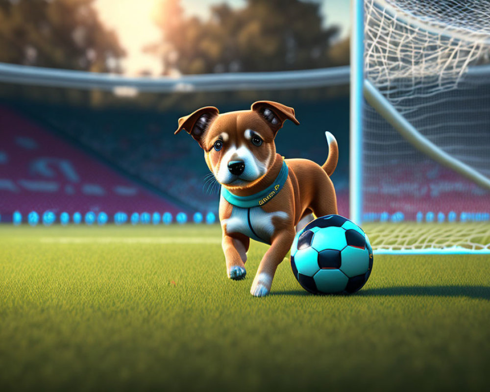 Cartoon Puppy on Soccer Field with Ball and Goal Net