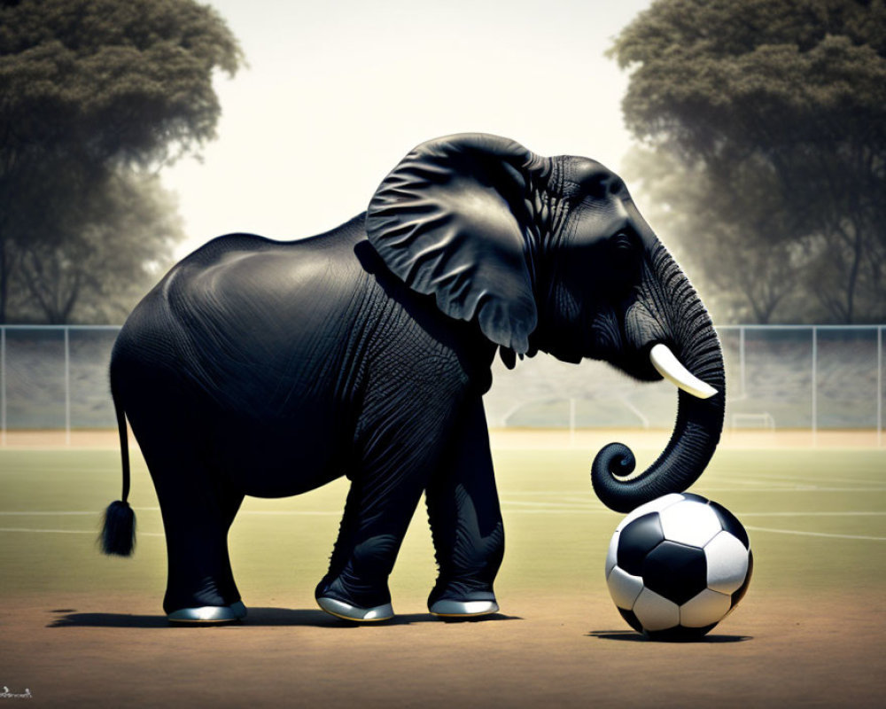 Elephant balancing soccer ball on field background