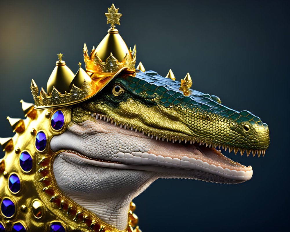 Digital art: Crocodile with golden crowns and jewels for a regal theme