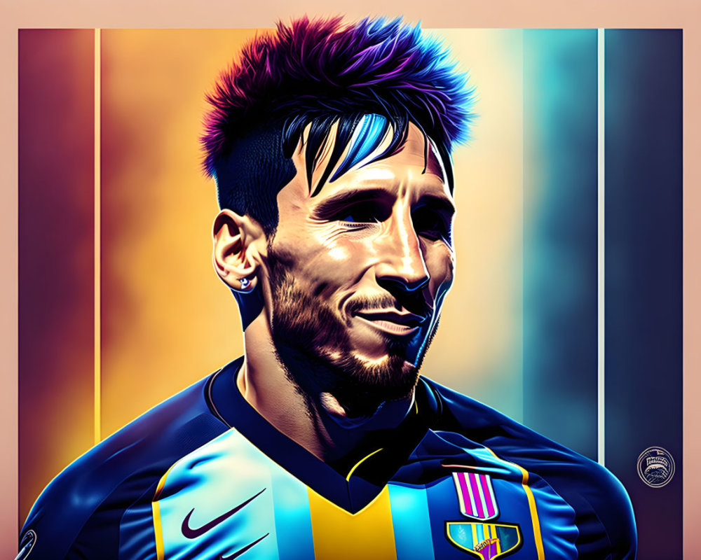 Colorful Stylized Portrait of Smiling Soccer Player in Striped Jersey