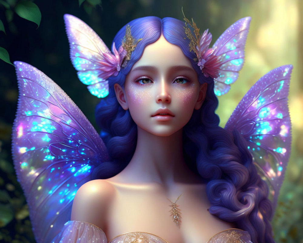 Fantasy illustration: Female character with purple hair, fairy wings, delicate features in soft light