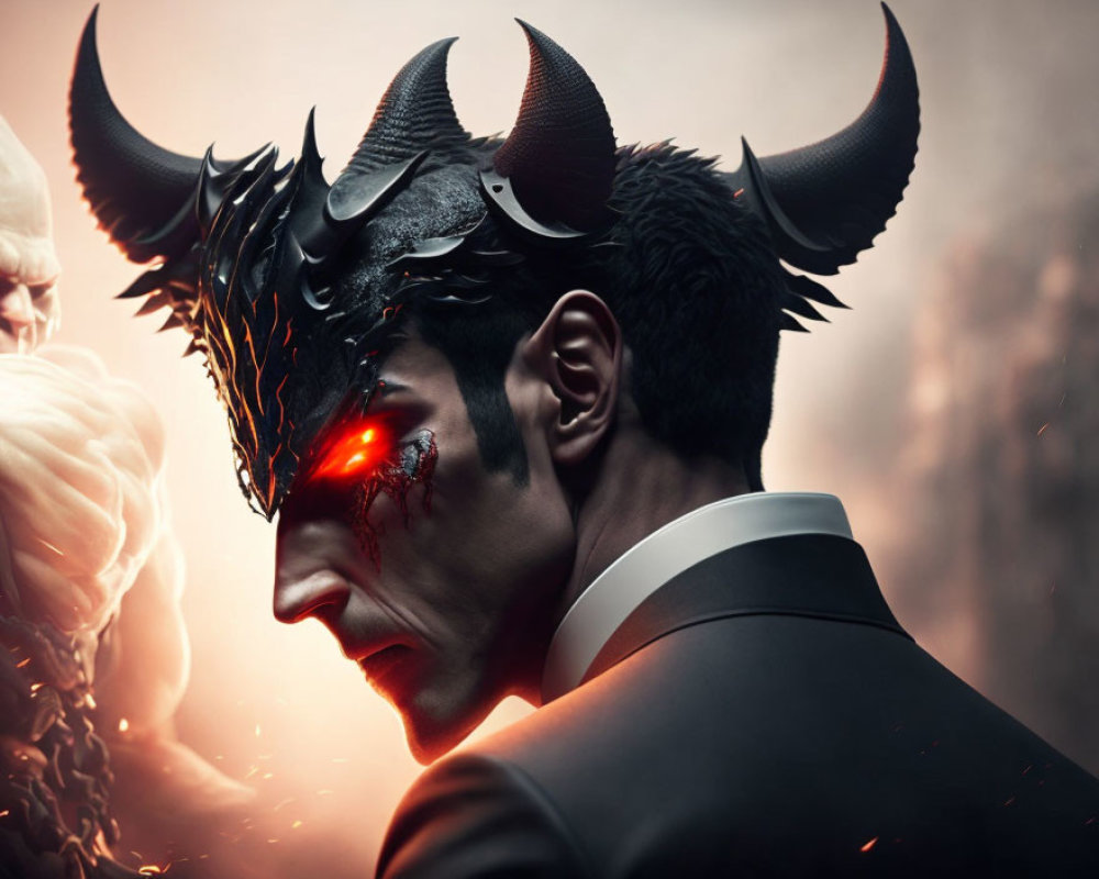 Person in demonic black mask with large horns and glowing red eye in sharp suit against fiery backdrop.