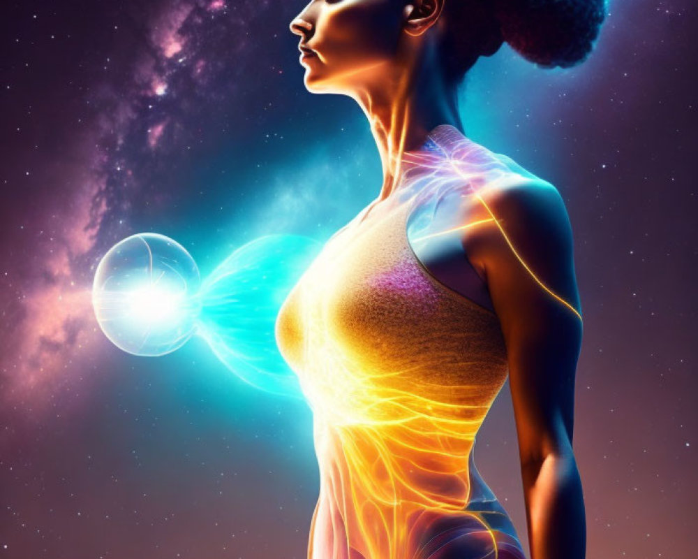 Cosmic digital artwork of woman with fiery energy and light orb