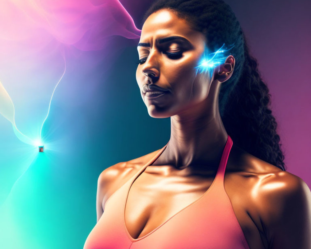 Profile of woman with glowing neon lights against dark background