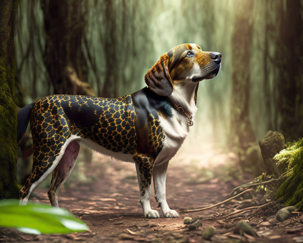 Beagle in Stylish Jacket on Forest Trail with Light Beam