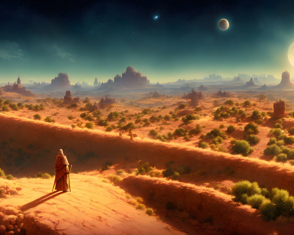 Robed figure on desert path at dusk with futuristic cities and two moons