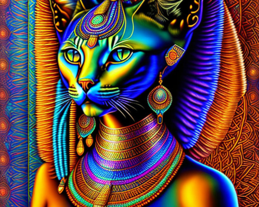 Vibrant Cat-Headed Human with Egyptian-Style Adornments