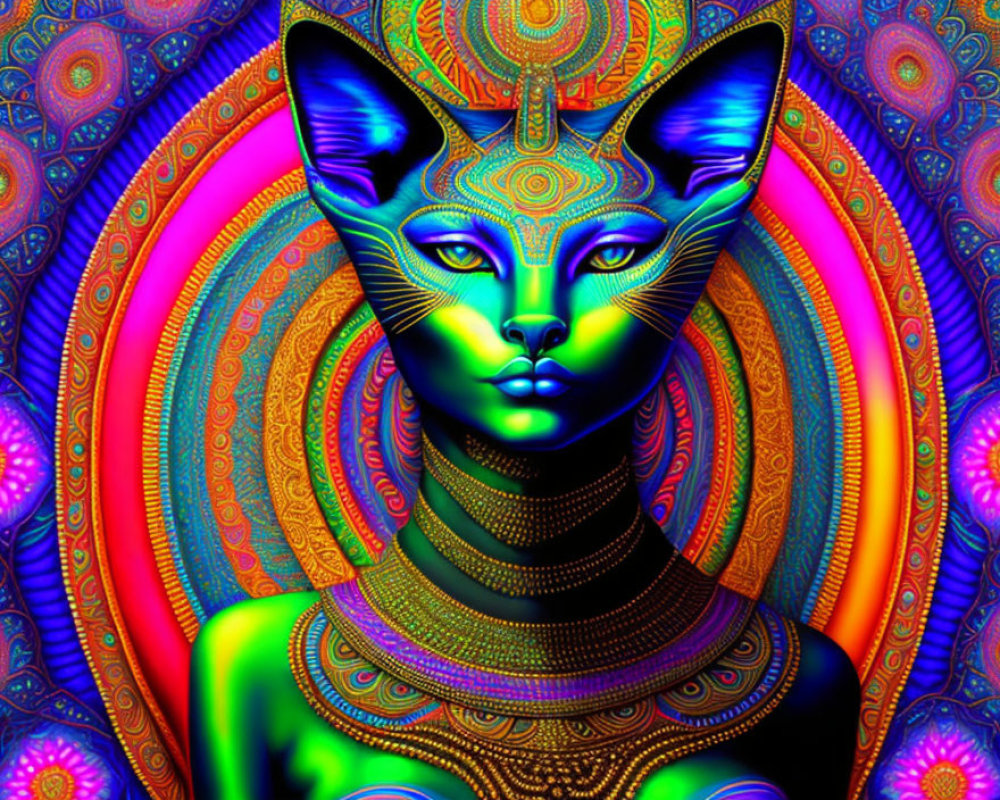 Colorful Stylized Cat Artwork with Psychedelic Mandala Background