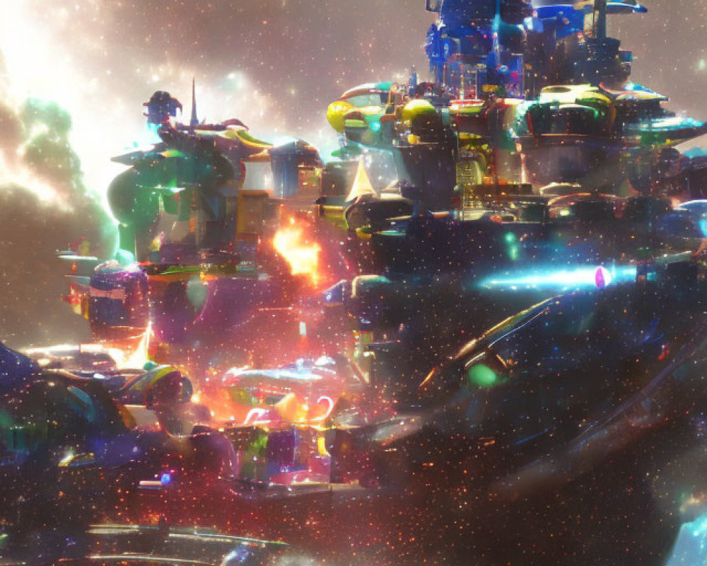 Futuristic space city with glowing lights and structures