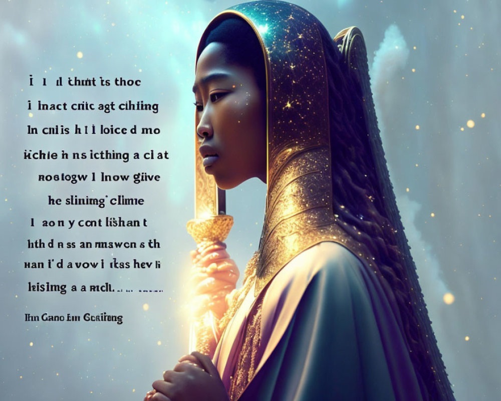 Regal figure in hooded attire with glowing adornments on starry backdrop