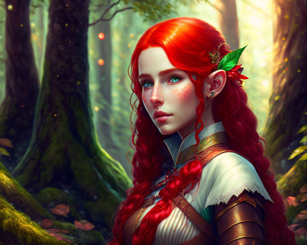 Digital illustration of a red-haired woman with elf-like ears in enchanted forest