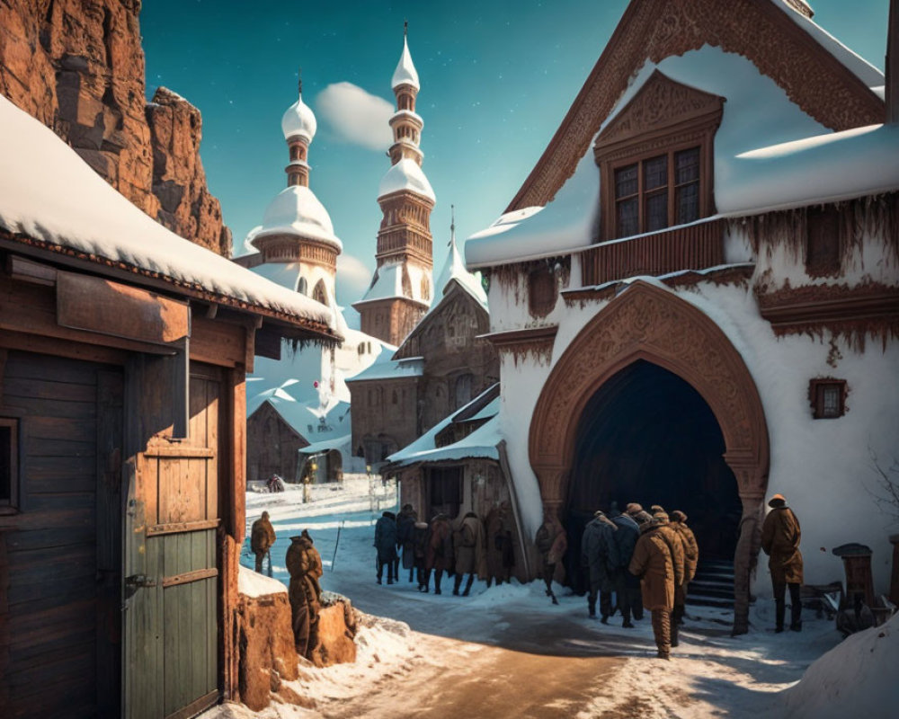 Group in winter attire walking under snow-covered archway near mosque.