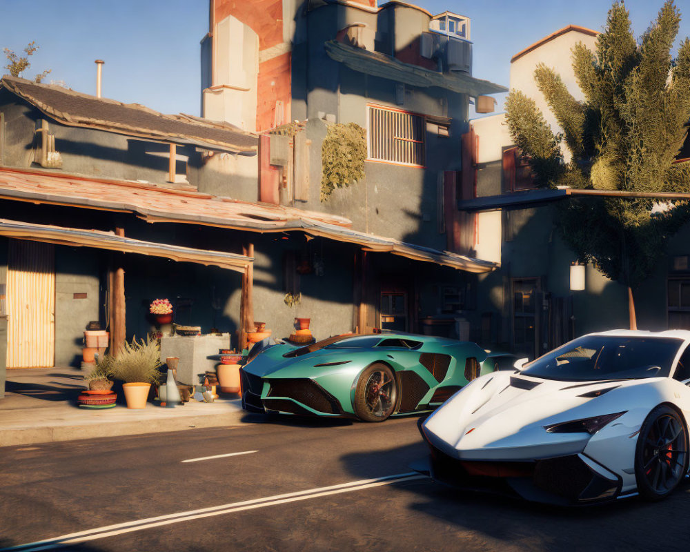 Luxury sports cars parked on sunny street with rustic buildings.