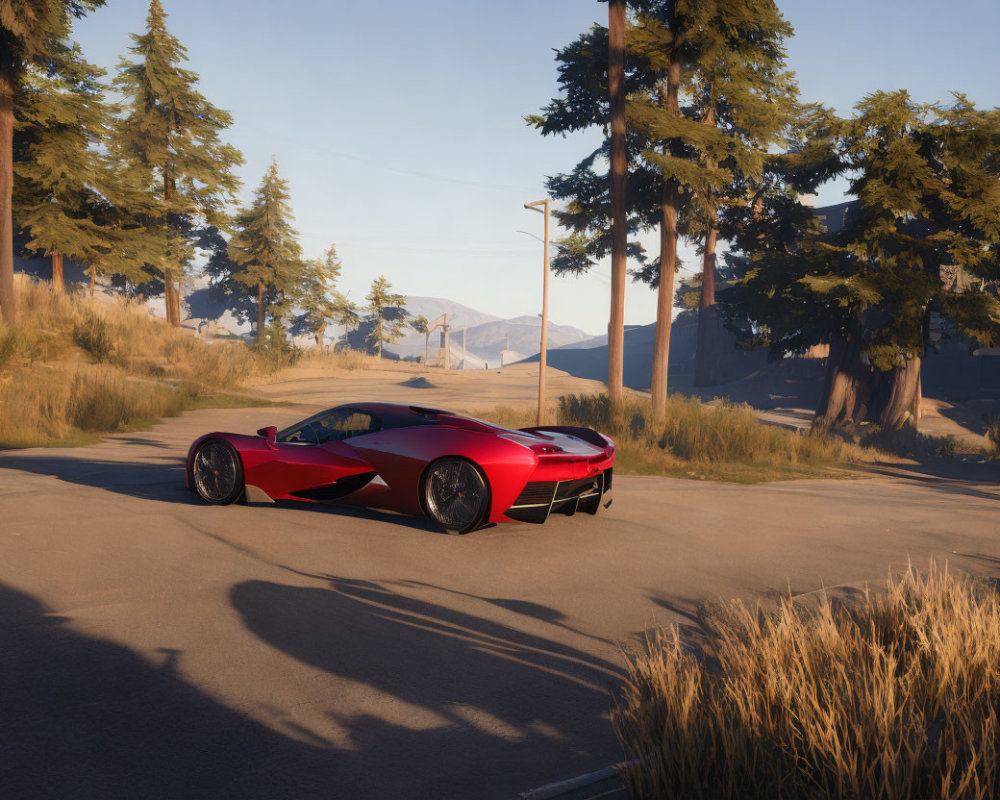 Red Sports Car Parked on Empty Road Surrounded by Trees and Grasses