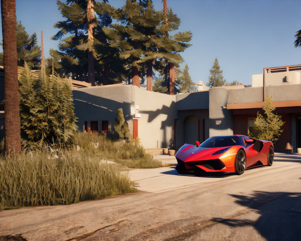 Red sports car parked in front of modern house with tall pine trees