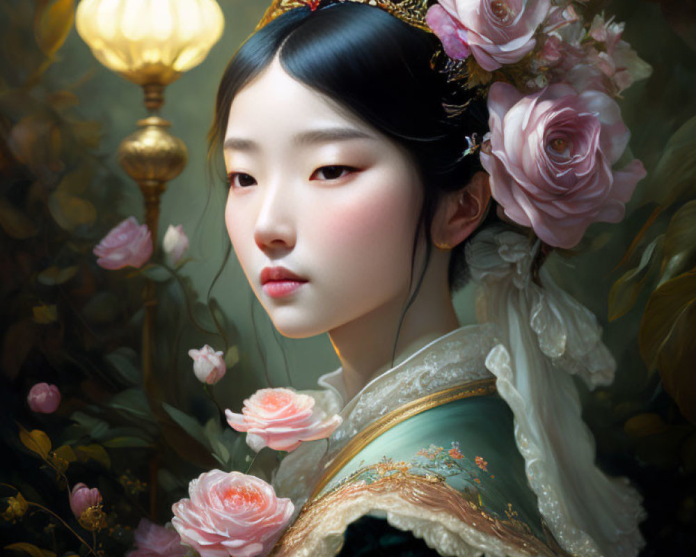 Portrait of woman with traditional hairpiece among roses and lantern