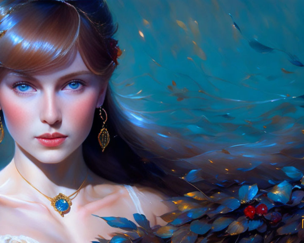 Portrait of Woman with Blue Eyes in White Gown and Floral Accessories