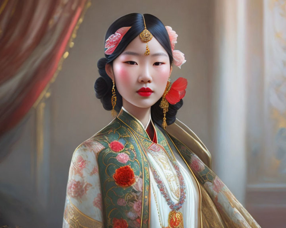 Traditional Asian makeup and hairstyle on elegant woman with floral accessories and ornate robe.