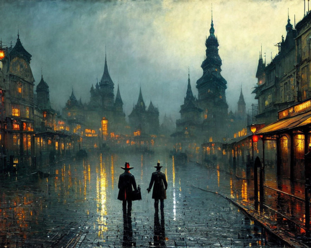 Figures walking on wet cobblestone street by Gothic buildings under overcast sky