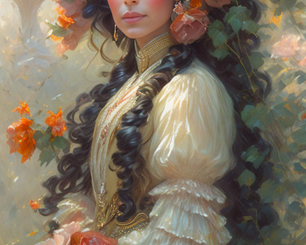 Illustrated woman in vintage attire surrounded by roses and wearing a floral hat