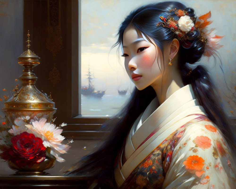 Traditional attire woman painting by window with ships view.
