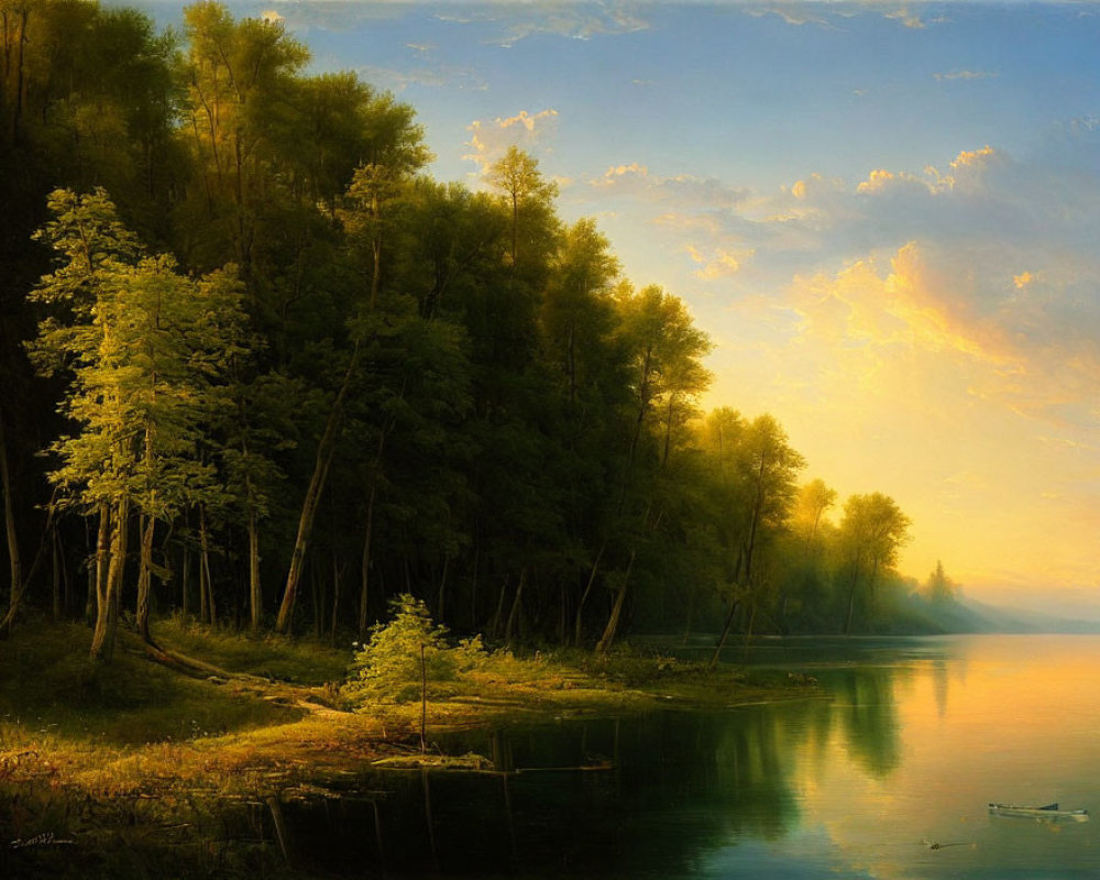 Tranquil sunset scene: lake, green trees, golden sky reflection, distant boat