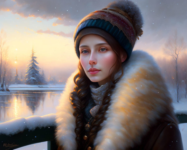 Woman in winter attire with fur collar and knit hat in snowy landscape.