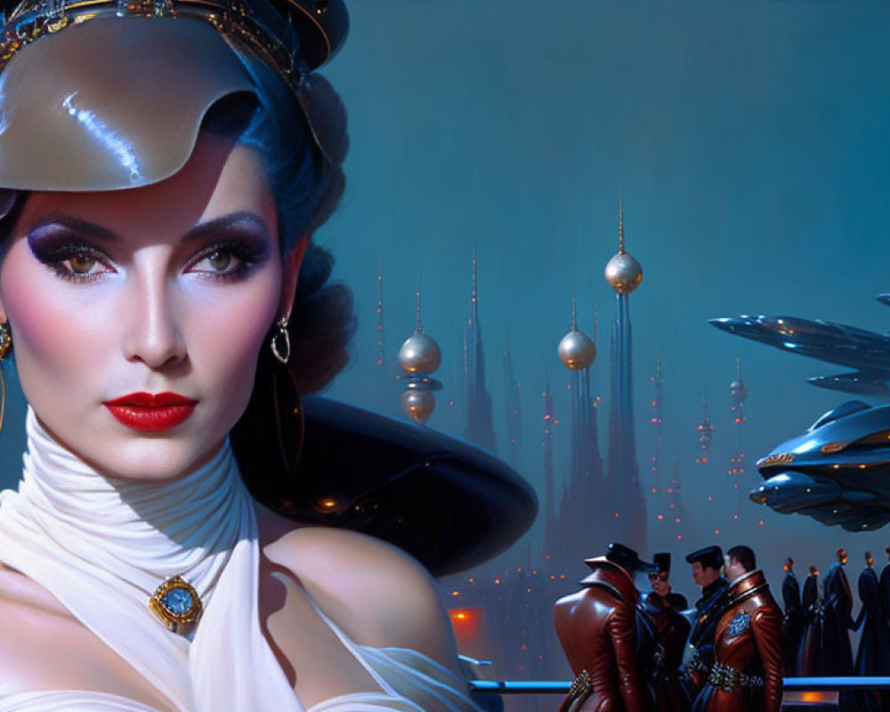 Futuristic woman illustration with flying vehicles and Victorian-style clothing in cityscape