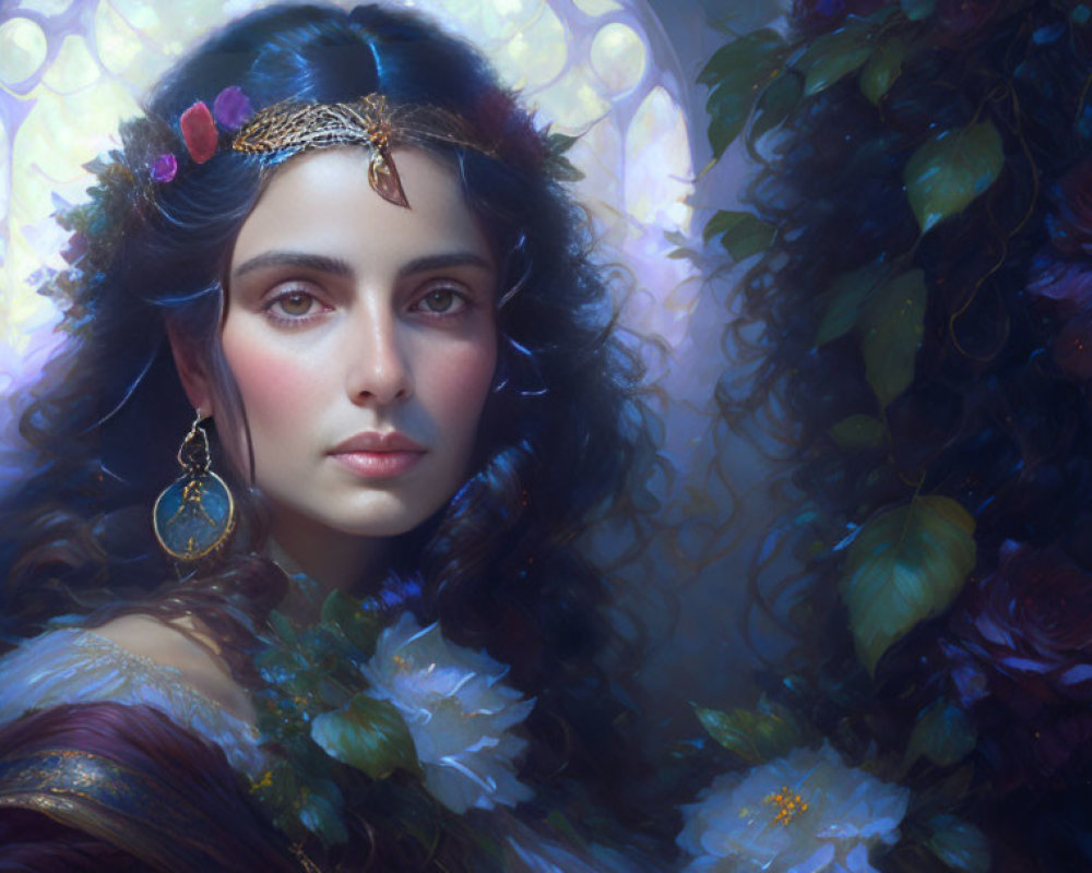Ethereal portrait of woman in tiara and floral cloak under soft light