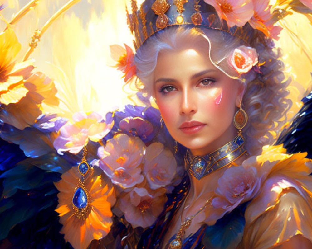 Woman with Golden Crown Surrounded by Yellow Flowers and Feathers