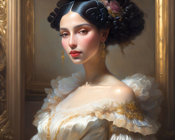 Elegant woman in off-shoulder dress with golden lace, vintage hairdo & floral accessories