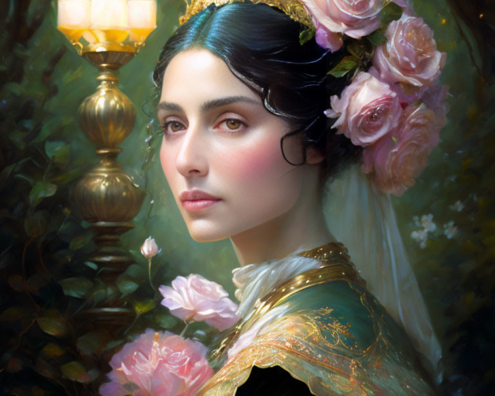Portrait of woman with floral crown and veil by candle holder and roses