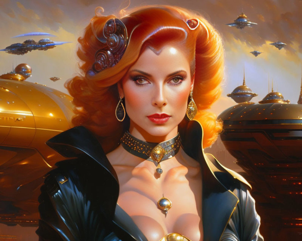 Futuristic red-haired woman portrait with flying saucers and golden cityscape
