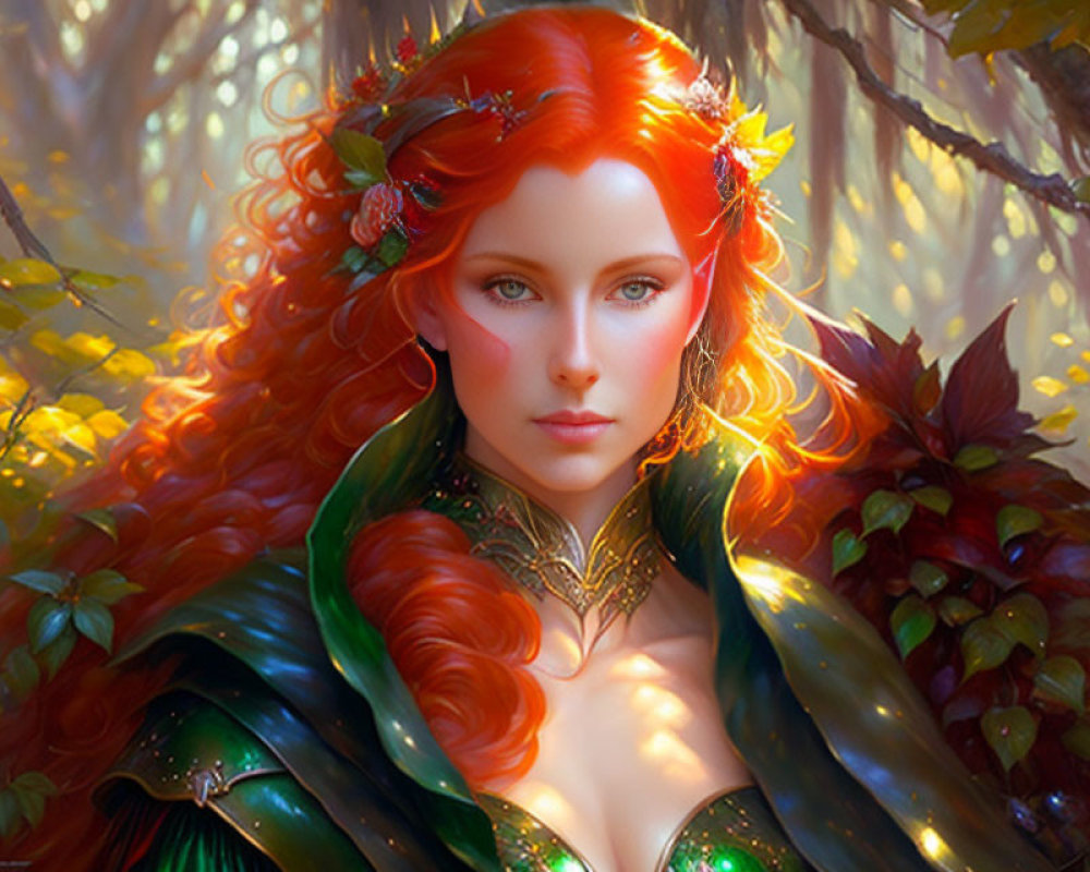 Illustrated fantasy elf with red hair and green cloak in ethereal forest
