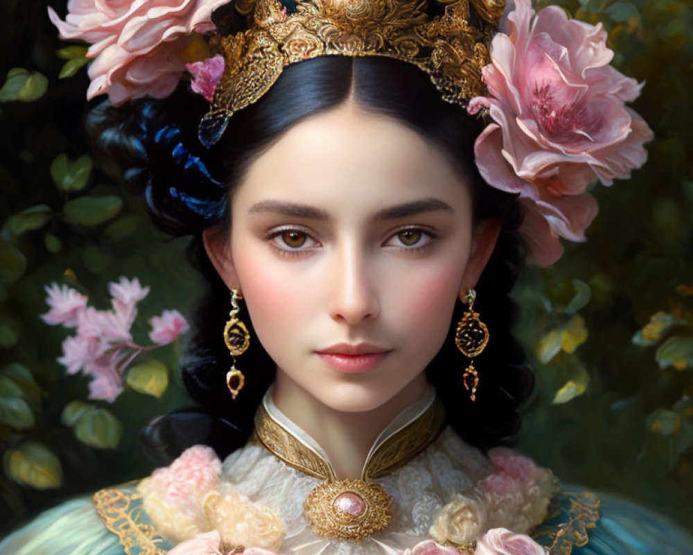 Regal woman with golden crown and earrings among pink flowers
