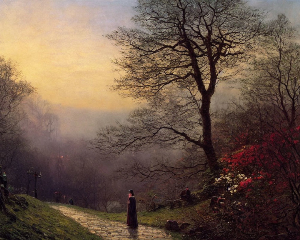 Person walking on cobblestone path in misty wooded landscape at dusk
