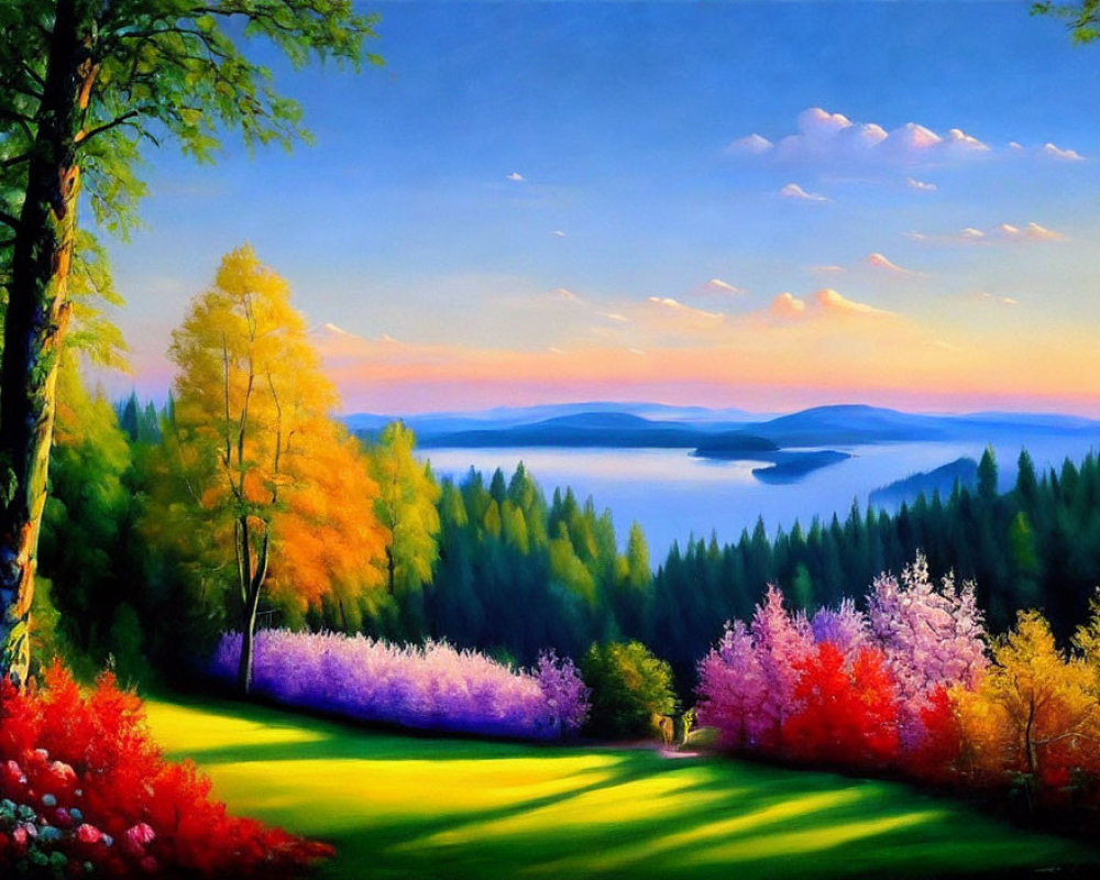 Colorful autumn forest painting with lake & hills