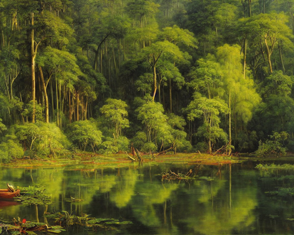 Serene forest lake with lush green reflections