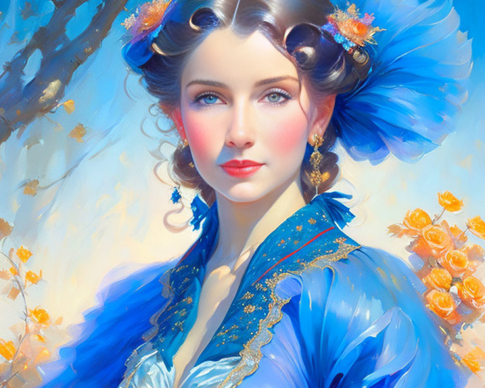 Illustrated portrait of a woman with flower-adorned hair in blue traditional outfit on floral backdrop
